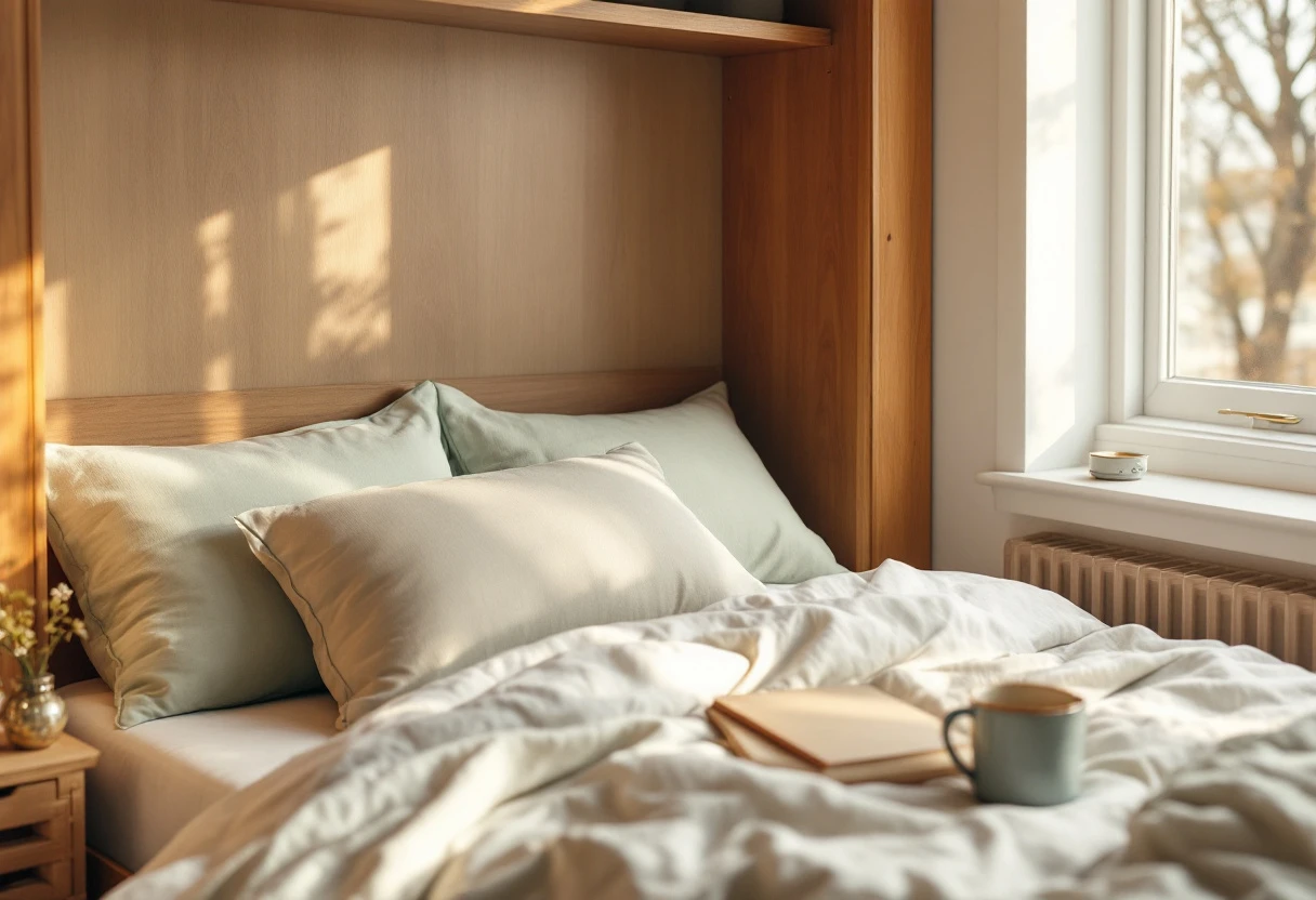 A small-apartment Murphy bed pulled down with cream linen sheets and a single soft sage-colored pillow, soft afternoon light.
