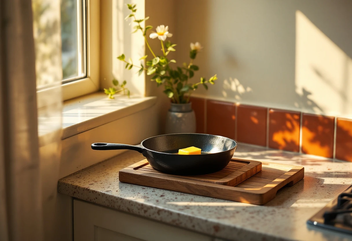 A heavy cast iron skillet on a wooden trivet on a small cream-painted apartment kitchen counter, butter melting in the pan.