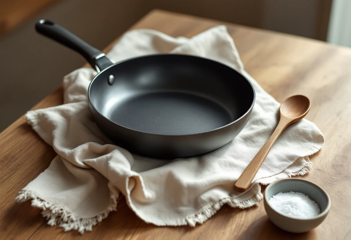 A carbon steel pan resting on a cream linen cloth on a wooden kitchen counter, soft natural side light.