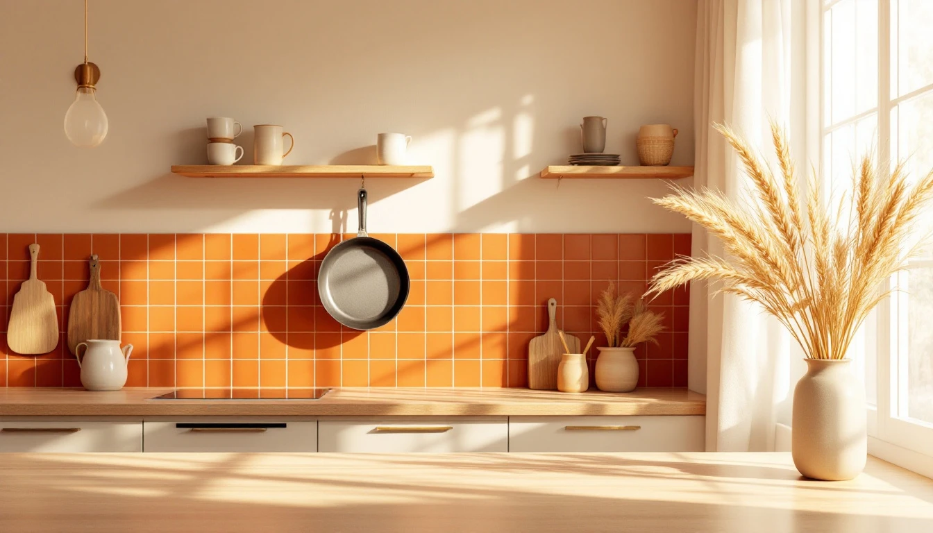 A sunlit small apartment kitchen with terracotta tiles, cream linen, and an iron skillet hanging on the wall.